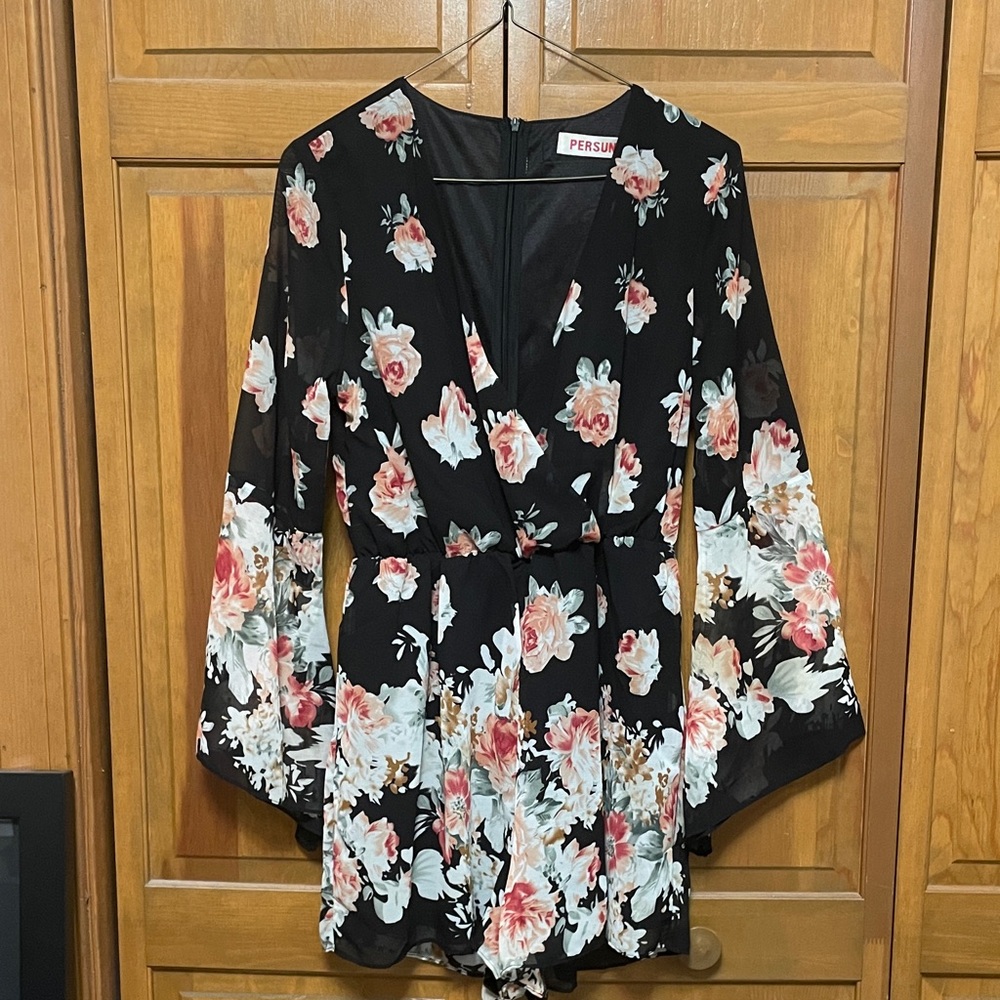 Floral Black Romper with Bell Sleeves